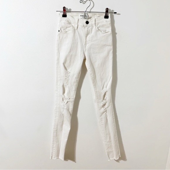 Frame Denim Blanc Jefferson Le High Skinny Distress White 🤍 Denim Jeans Holes - Picture 1 of 13